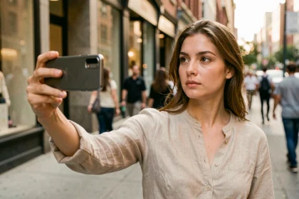 Jeune femme filmant une vidéo avec un Samsung Galaxy dans une rue urbaine, meilleur rapport qualité-prix pour les réseaux sociaux