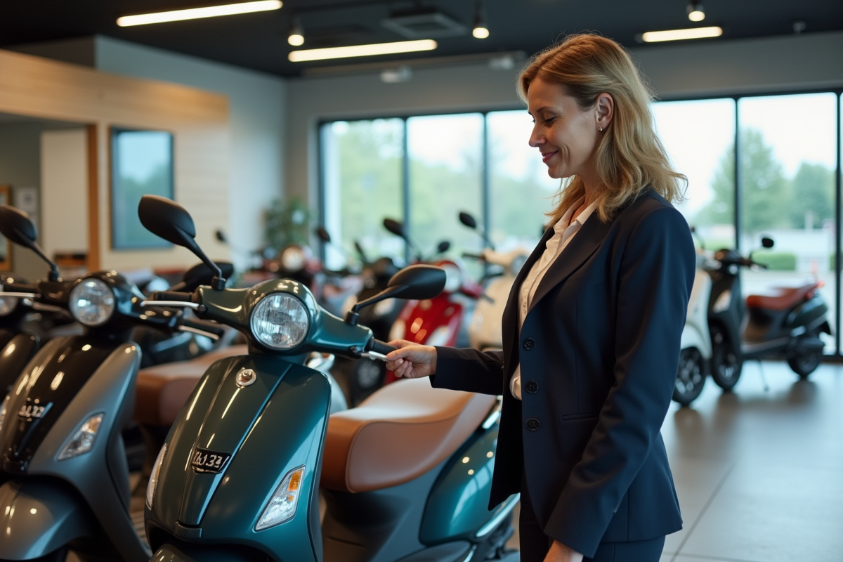 Femme compare prix de scooters dans un showroom