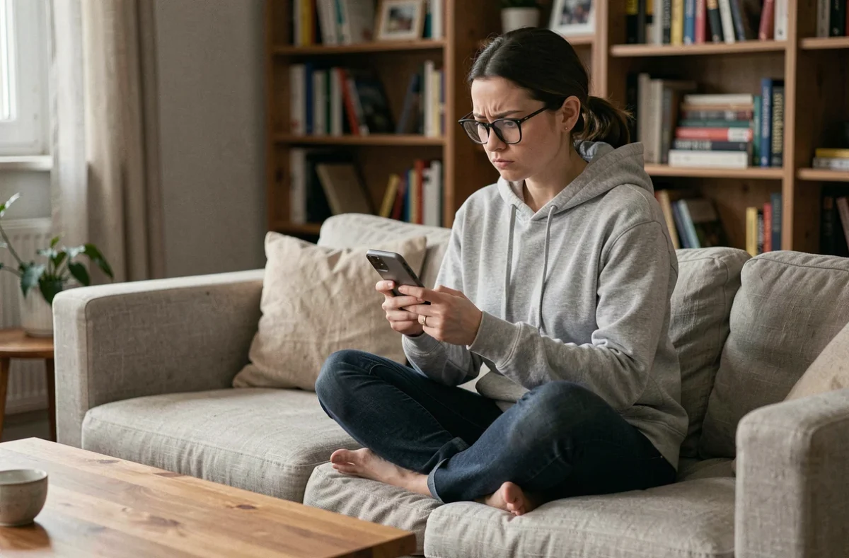 Femme consultant son smartphone avec méfiance face à des résultats de recherche contenant de faux liens
