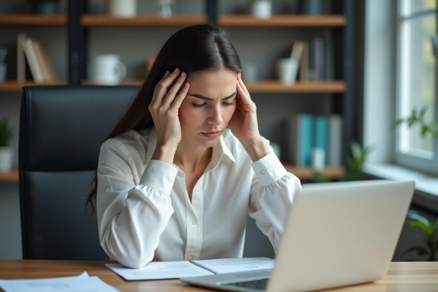 Femme stressée au bureau en blouse blanche