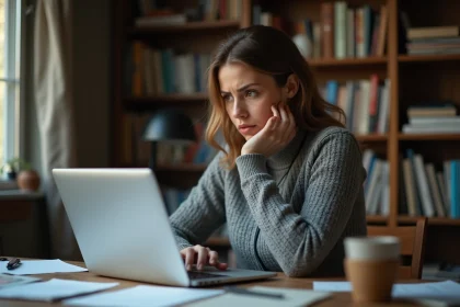Femme inquiète regardant son ordinateur portable, suspectant une arnaque en ligne sur un site e-commerce douteux