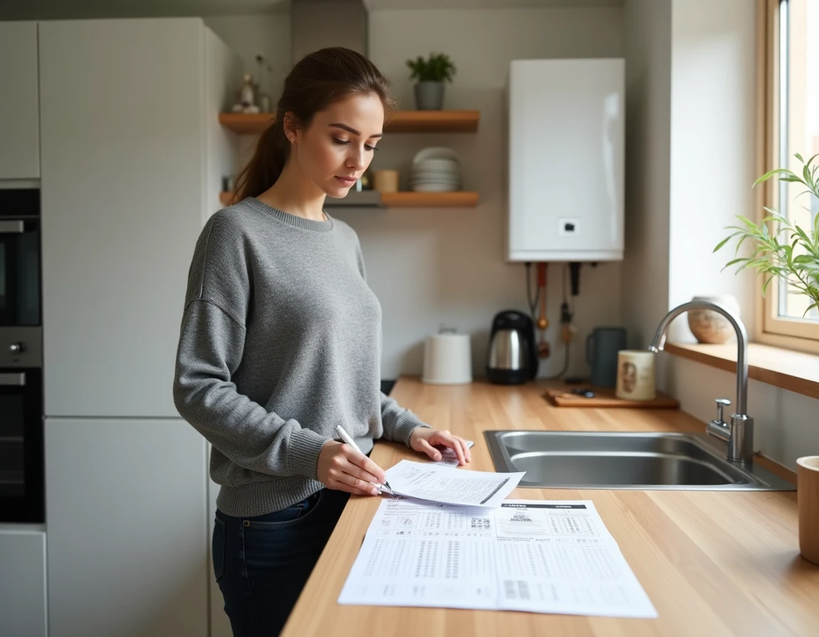 Femme consultant un tableau de conversion m3 et litres pour sa consommation d'eau chaude