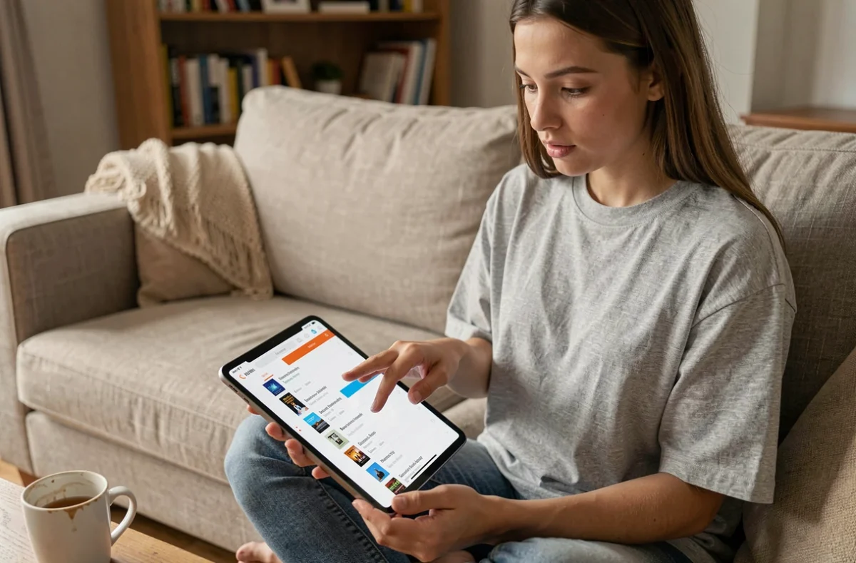 Une jeune femme consultant une liste de fichiers téléchargeables sur une tablette dans son salon