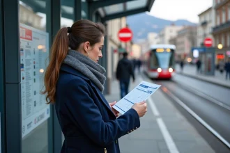 Jeune femme vérifiant un horaire de tram à Grenoble