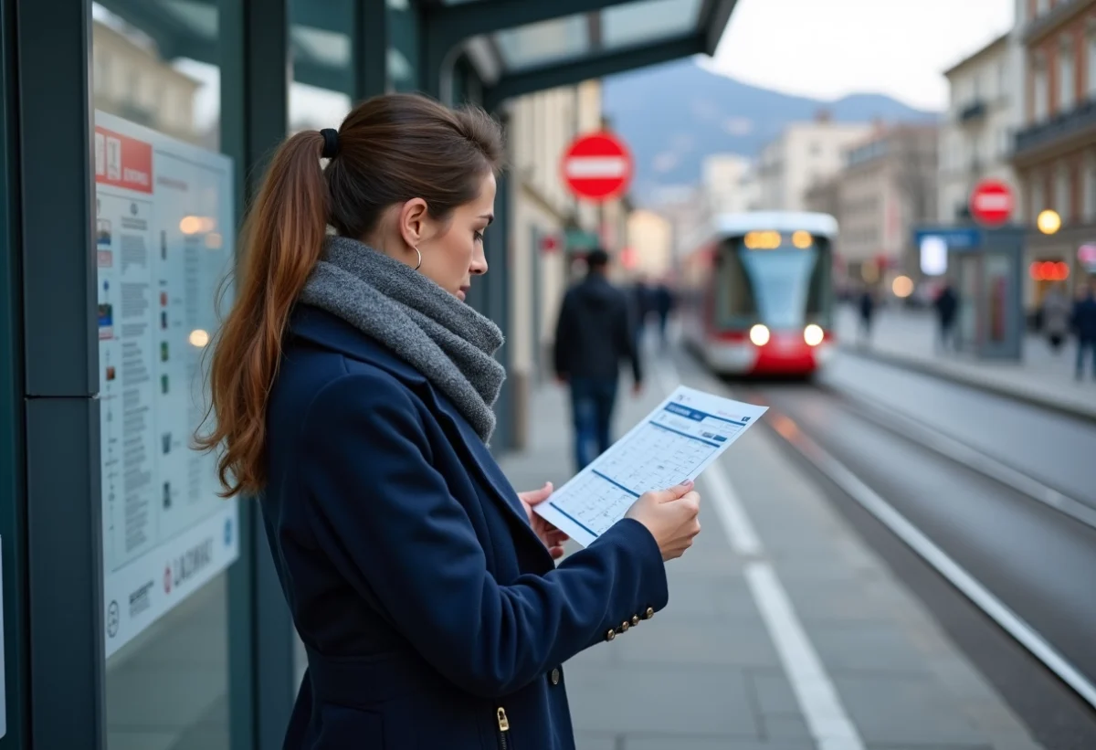 Jeune femme vérifiant un horaire de tram à Grenoble