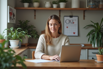 Femme d'âge moyen travaillant à domicile sur son ordinateur portable