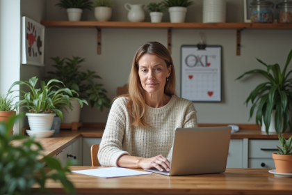Femme d'âge moyen travaillant à domicile sur son ordinateur portable