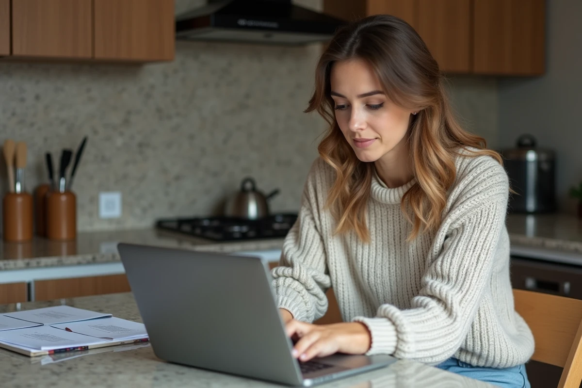 Femme assise à la cuisine compare deux onglets de navigateur