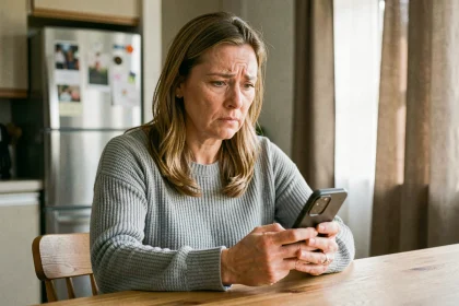 Femme vérifiant un numéro de téléphone inconnu sur son smartphone à la maison pour éviter une arnaque