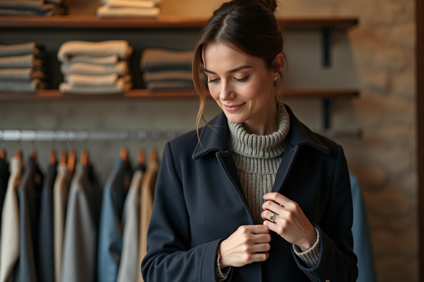 Femme inspectant la couture d’un manteau en laine