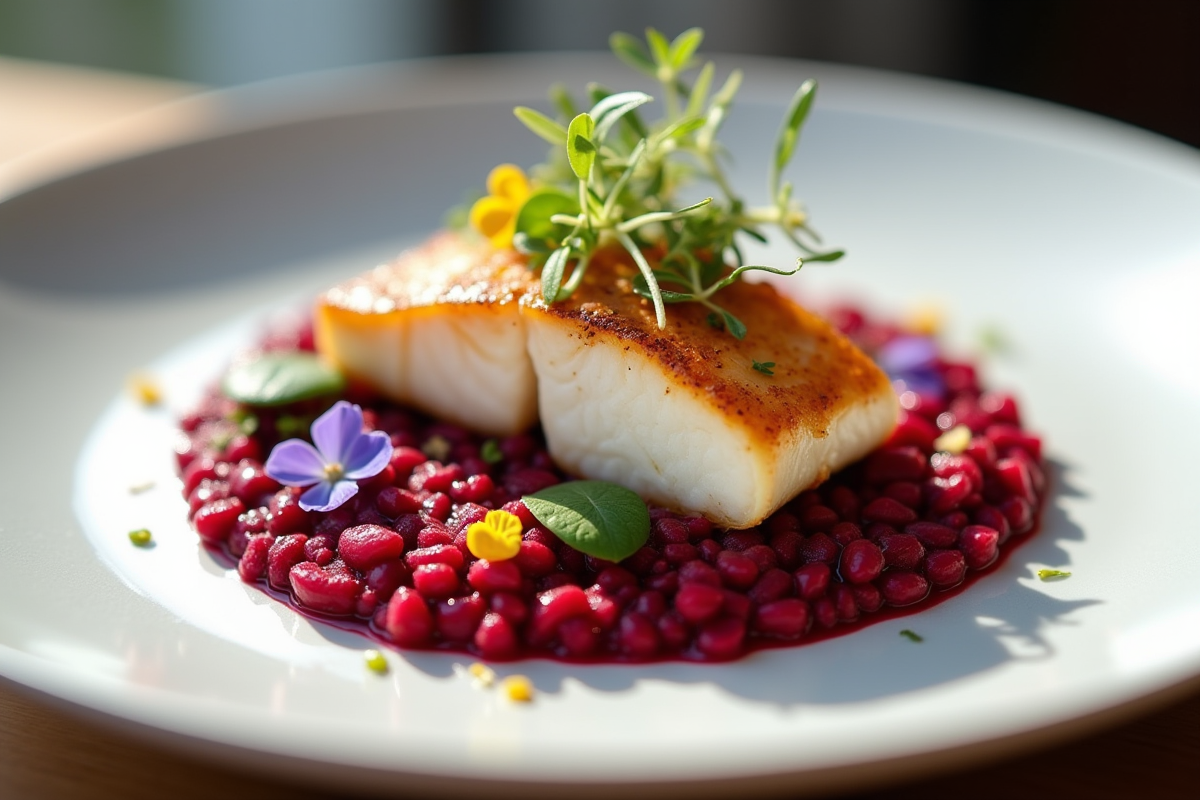 Filet de poisson gourmet avec risotto betterave et fleurs comestibles