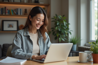 Jeune femme souriante utilisant un ordinateur pour une inscription bancaire