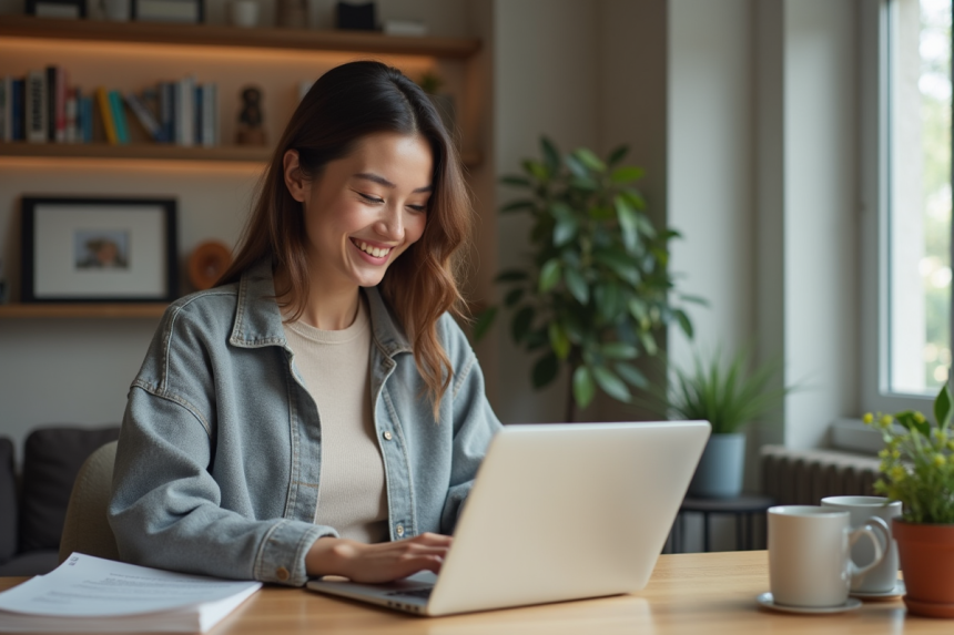 Jeune femme souriante utilisant un ordinateur pour une inscription bancaire