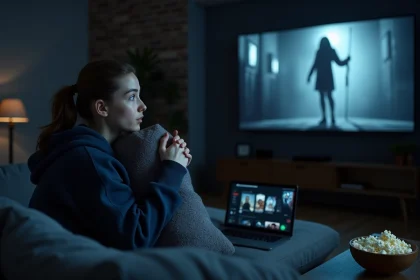 Jeune femme regardant un film d'horreur en streaming légal sur grand écran dans un salon sombre