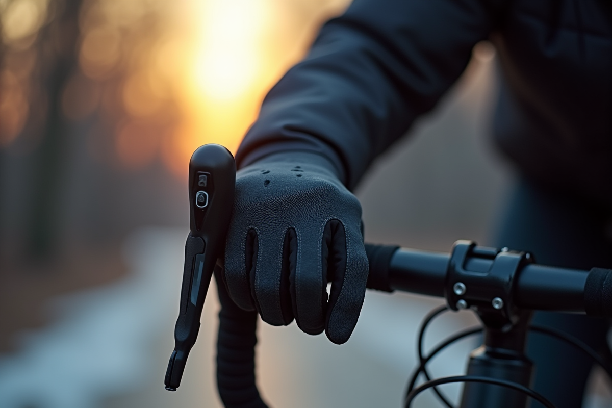Gants chauffants en mouvement sur le guidon de vélo au matin