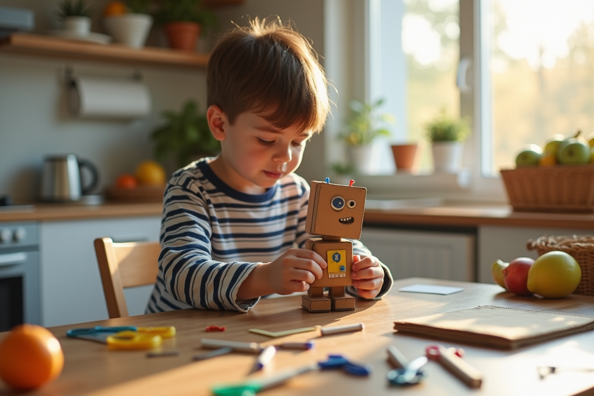 Garçon de 10 ans assemble un robot en carton à la maison