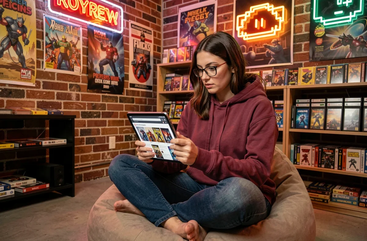 Femme geek explorant le contenu de la plateforme Geekfinity sur une tablette dans un salon gaming coloré