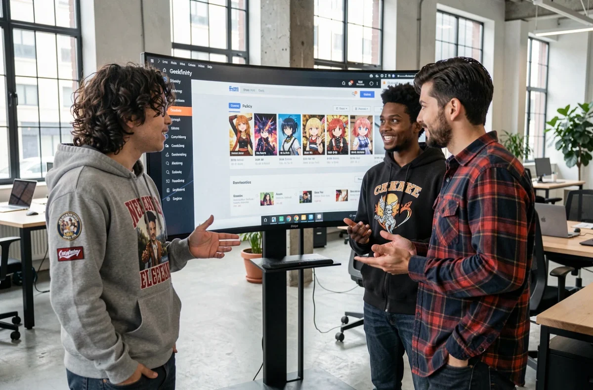 Groupe de passionnés geek discutant ensemble du contenu de la plateforme Geekfinity sur un grand écran en espace de coworking