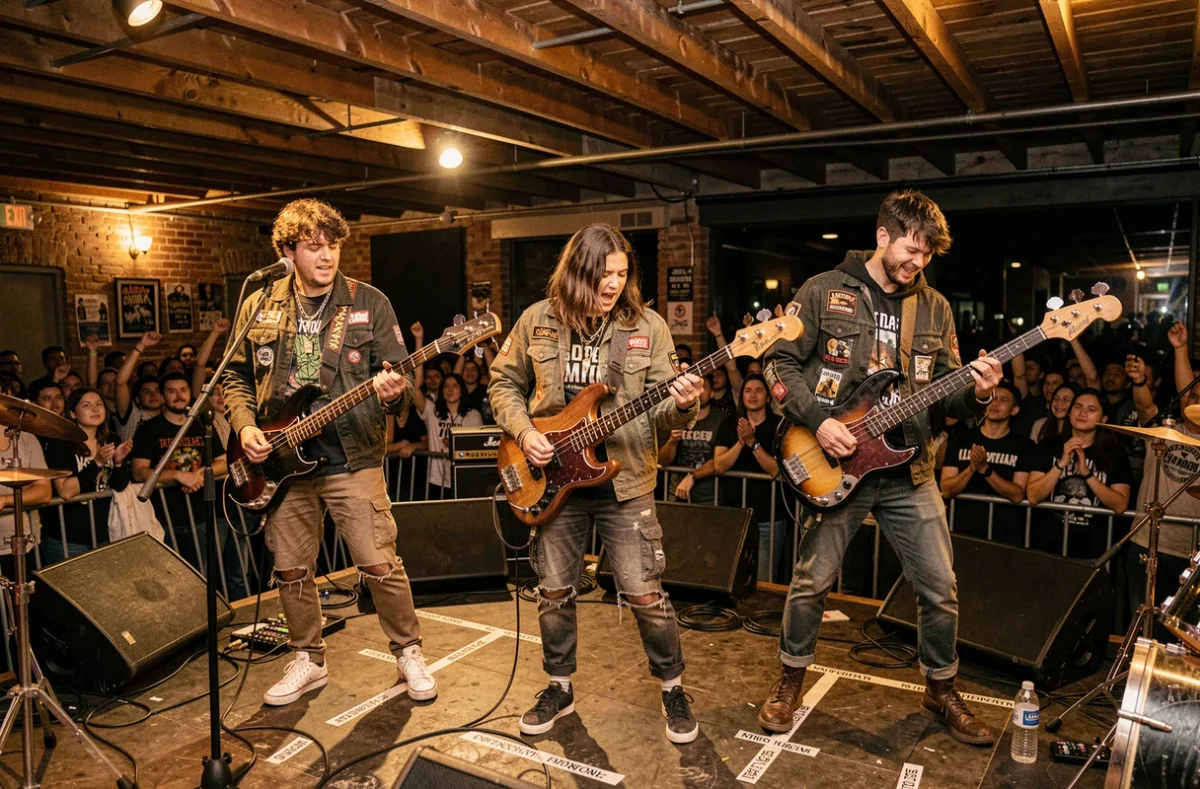 Le groupe 3piece en pleine performance sur scène lors d'un concert dans une petite salle de musique urbaine