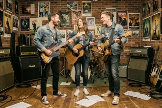 Les trois membres du groupe 3piece posent ensemble dans un studio de répétition entouré d'amplis vintage et d'instruments de musique