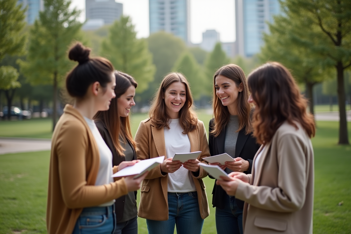 Groupe d adultes discutant de vocabulaire français en plein air