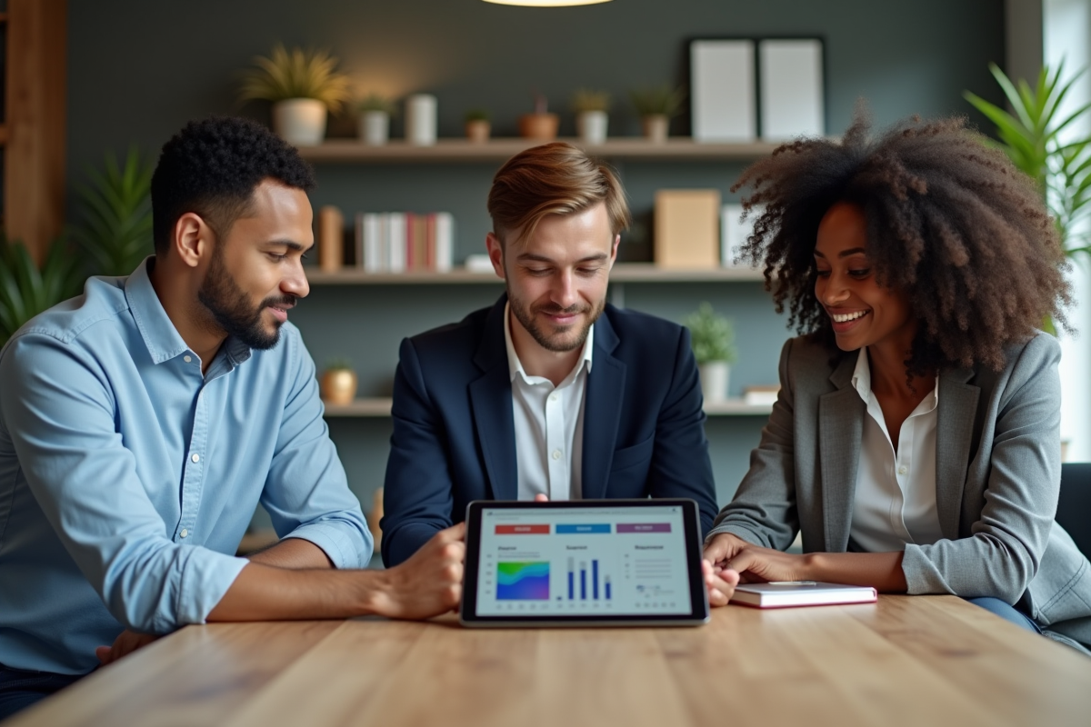 Groupe de professionnels autour d'une tablette numérique