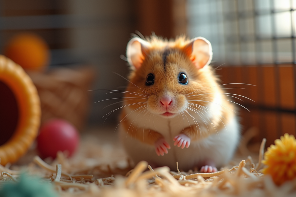 Hamster dwarf russe dans sa cage lumineuse en intérieur