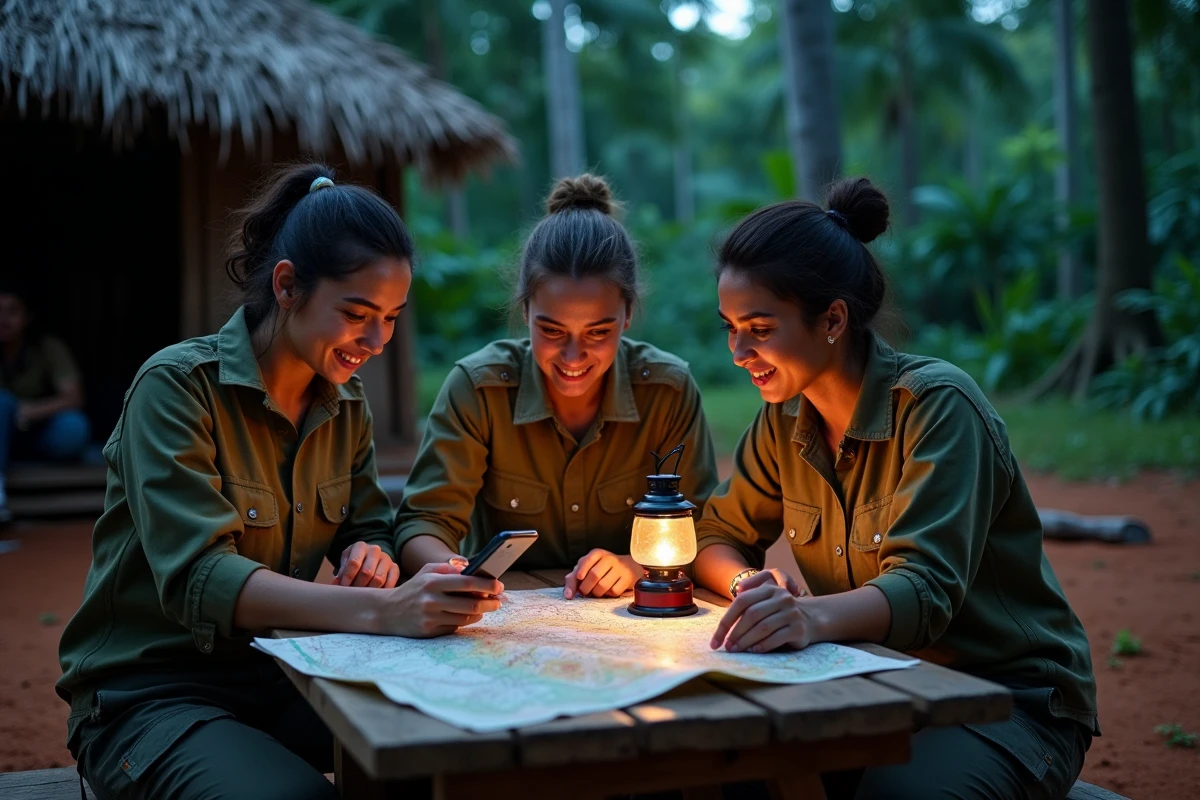 Groupe de randonneurs consultant une carte et un téléphone pour planifier leur départ en excursion à l'aube dans un camp de base en forêt guyanaise