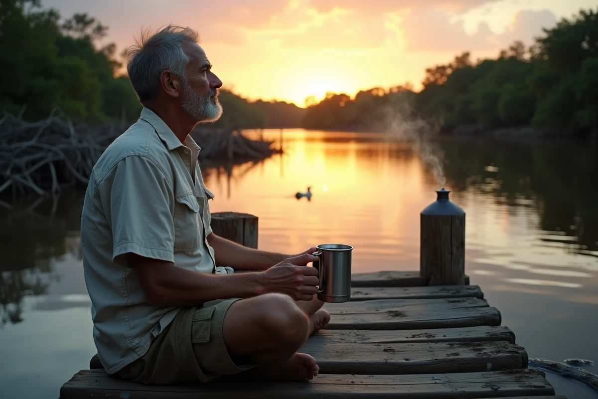 Homme assis sur un ponton en bois au bord d'une rivière en Guyane, tenant un thermos en observant l'aube se lever sur la forêt amazonienne
