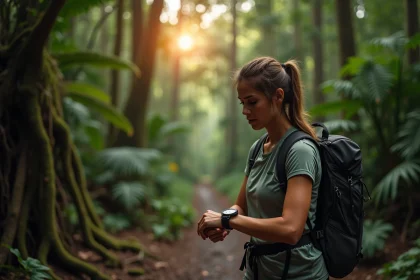 Femme en tenue de randonnée vérifiant l'heure sur sa montre au bord d'un sentier en forêt amazonienne en Guyane, avant le lever du soleil