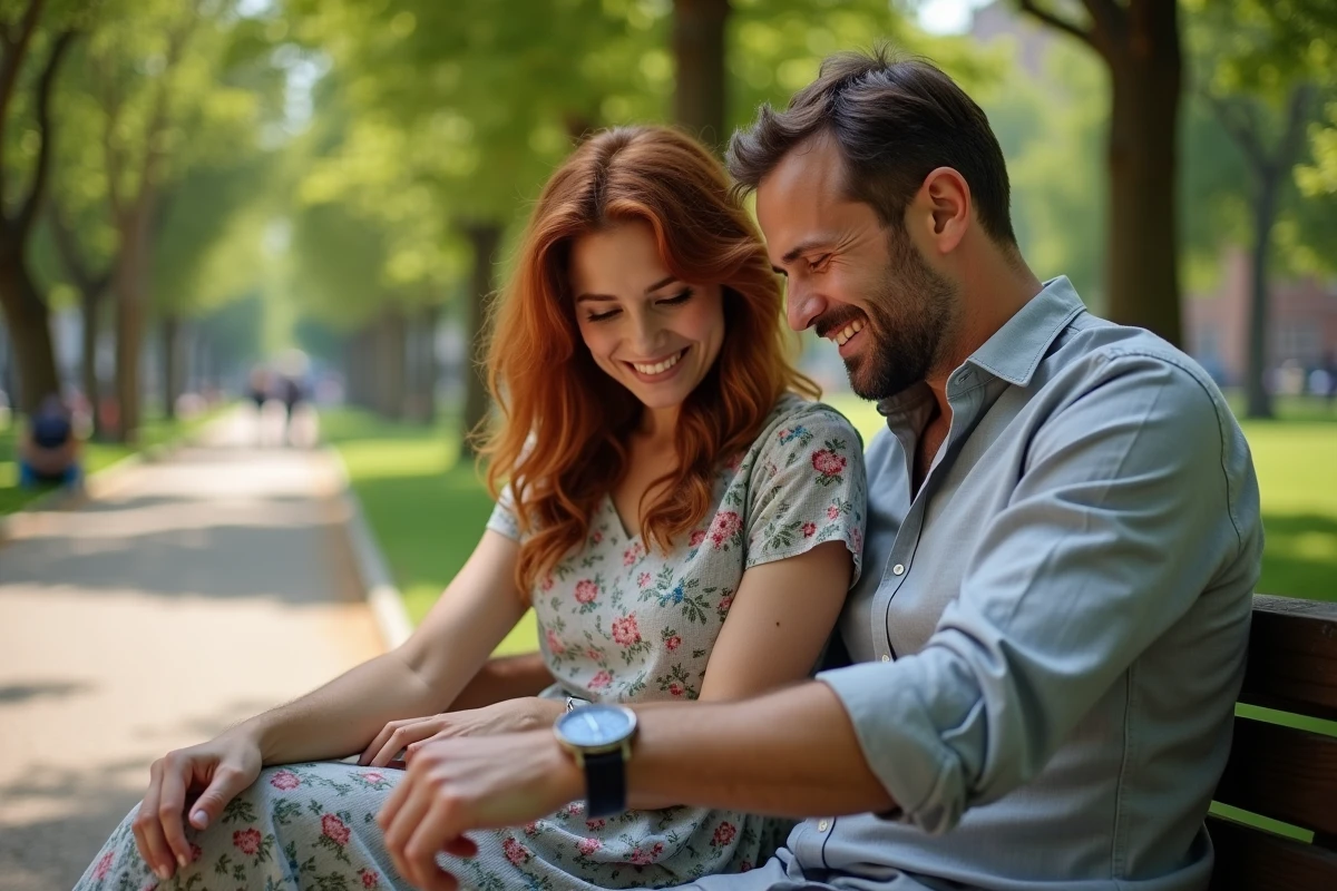 Couple découvrant l'heure miroir 13h31 sur une montre dans un parc urbain, symbole de connexion amoureuse et de synchronicité en numérologie