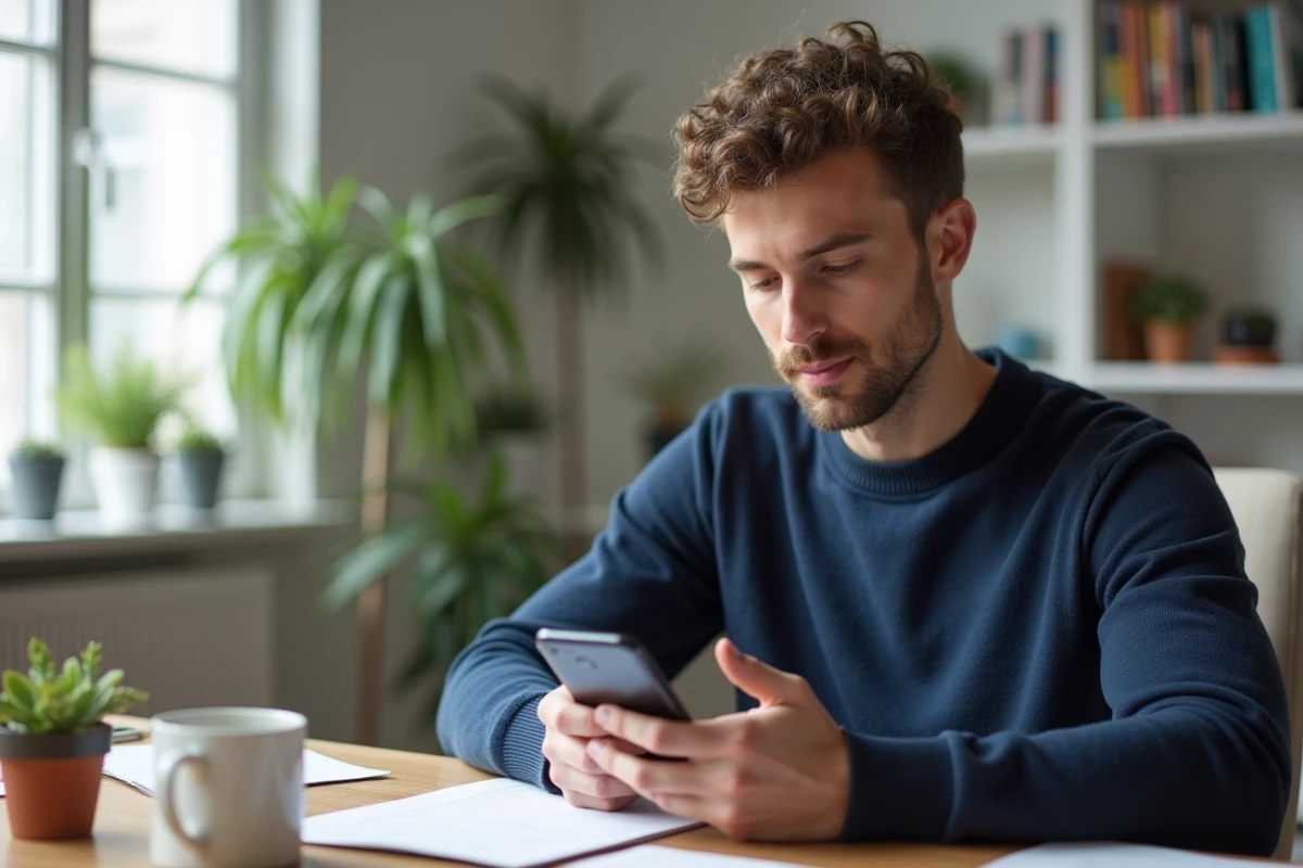Homme remarquant l'heure miroir 13h31 sur son téléphone dans un bureau à domicile, illustrant la synchronicité et les messages spirituels au quotidien