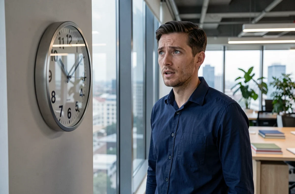 Homme en bureau moderne observant une horloge affichant 16h16, ambiance de réflexion sur la signification de l'heure miroir