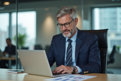 Homme d'affaires confiant en costume dans un bureau moderne