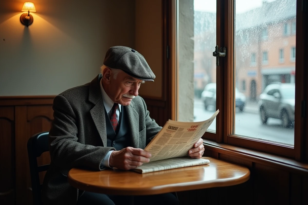 Homme âgé lisant un journal dans un café Oslo