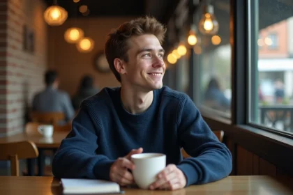 Jeune homme amoureux transi rêveur assis seul dans un café, tenant une tasse de café avec un sourire discret et un regard perdu dans ses pensées