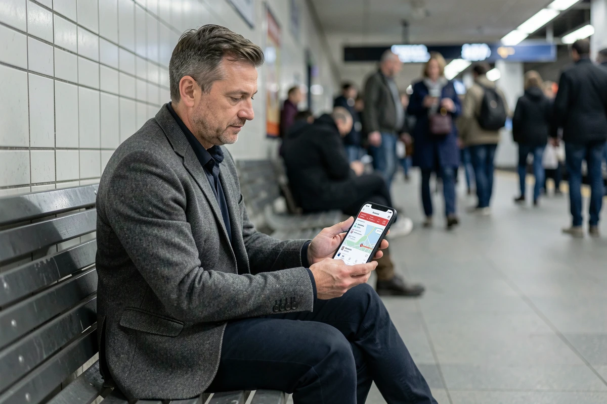 Homme d'affaires utilisant une application mobile pour suivre les horaires de bus en temps réel dans une station de transports en commun
