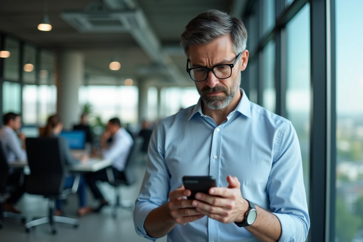 Homme d'affaires examinant un site web suspect sur son smartphone, cherchant à identifier les signes d'une arnaque en ligne