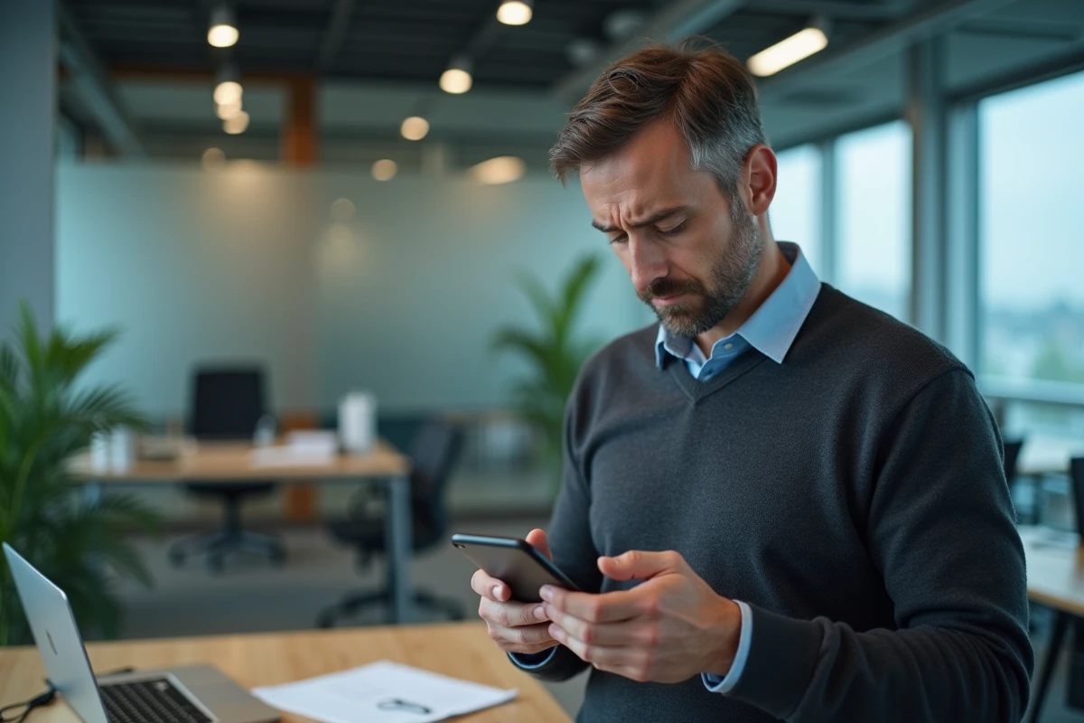 Homme vérifiant son smartphone dans un bureau moderne
