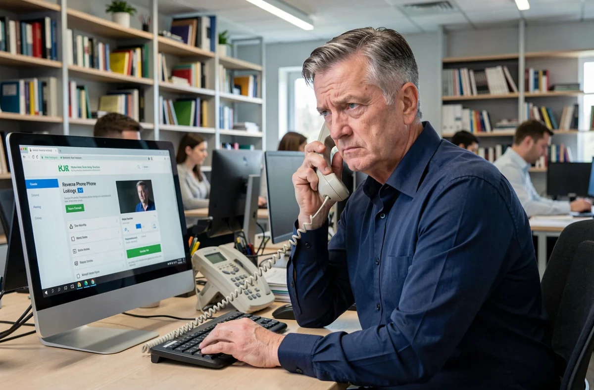 Homme au bureau consultant un site de vérification de numéro gratuit pour identifier un appelant inconnu