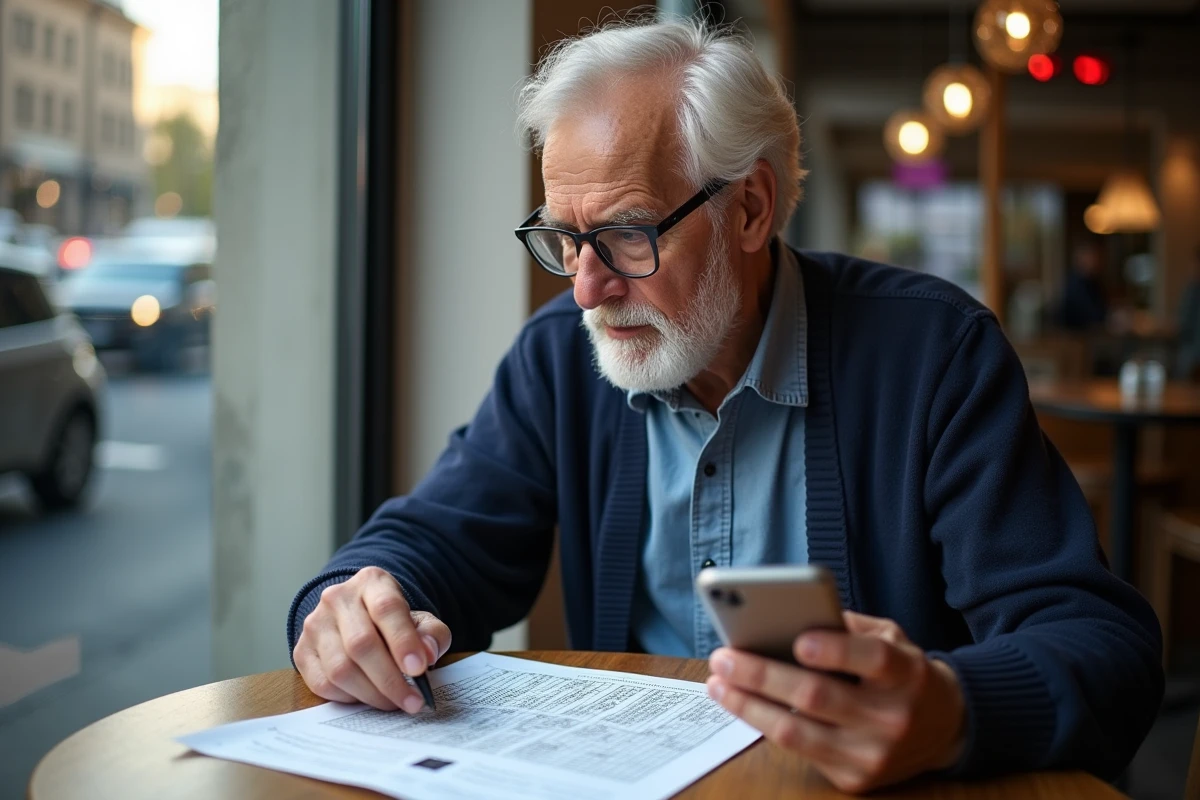Homme âgé vérifiant une grille de croix au café