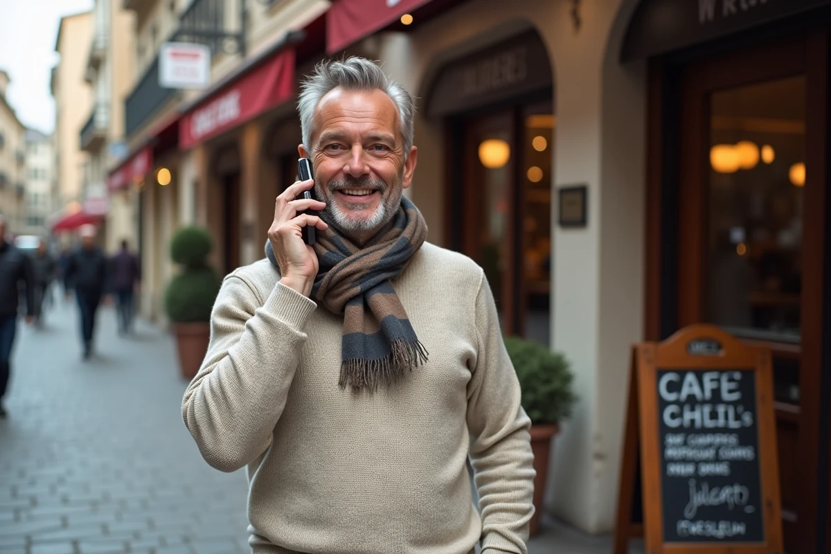 Homme souriant au café européen en extérieur