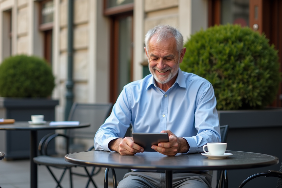 Homme d age dans un café extérieur pour article finance