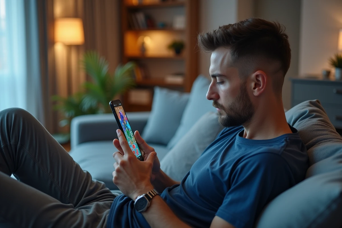 Homme détendu sur canapé jouant à Monopoly GO sur smartphone pour gagner des dés et récompenses gratuites