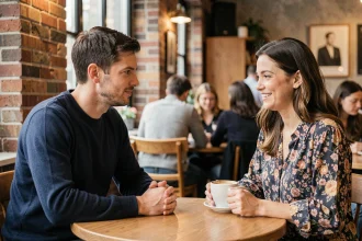 Homme cisgenre et femme transgenre en conversation respectueuse dans un café, illustrant la communication bienveillante dans une relation