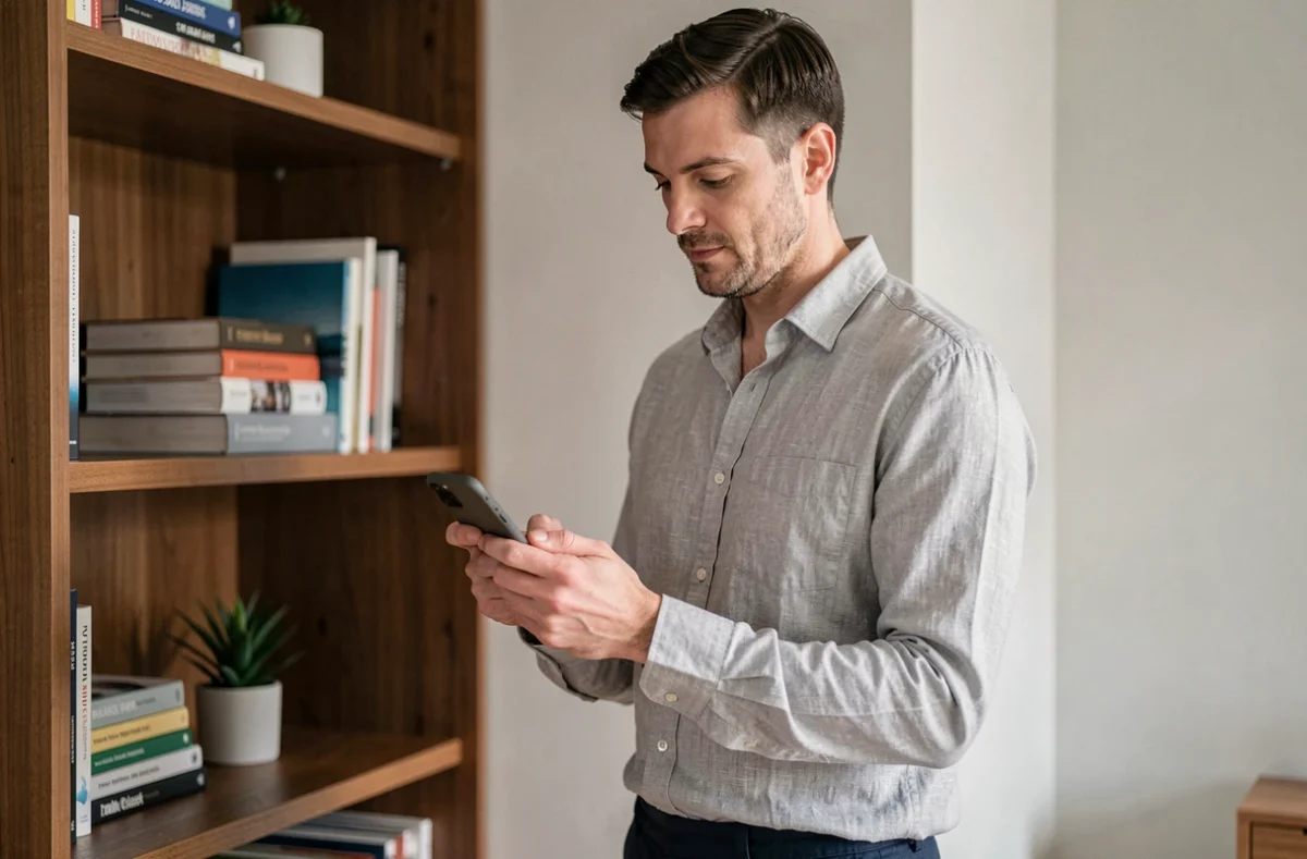 Homme cisgenre réfléchissant à son téléphone dans un appartement moderne, symbolisant la réflexion personnelle avant une rencontre avec une femme transgenre