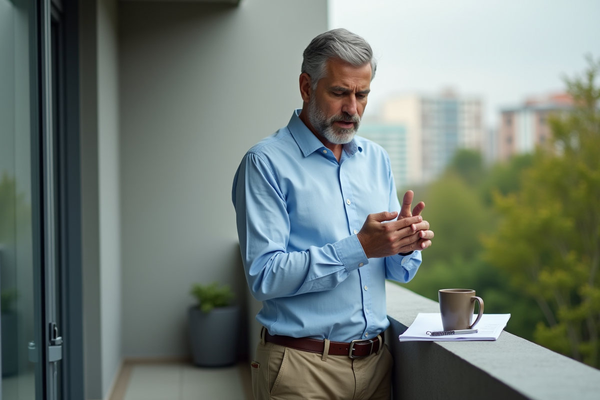Homme d age moyen comptant sur ses doigts sur un balcon urbain