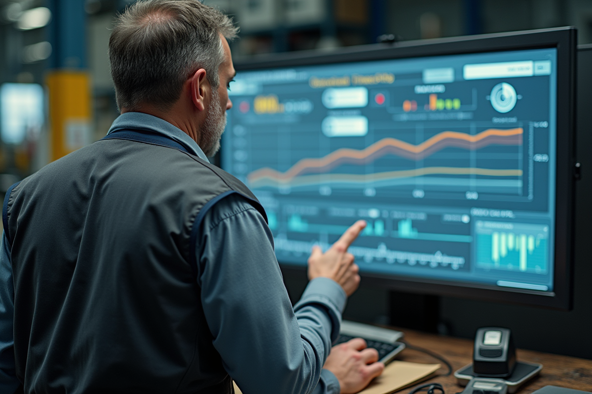 Homme en tenue de travail analysant un écran dans une usine