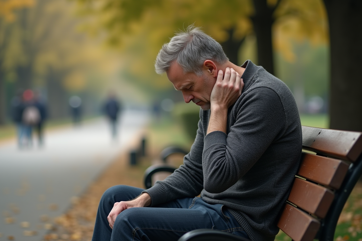 Homme fatigué assis sur un banc dans un parc