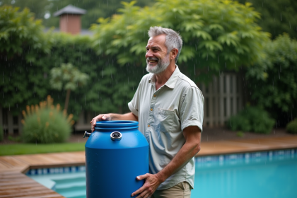 Homme d'âge moyen près de la piscine avec baril d'eau de pluie